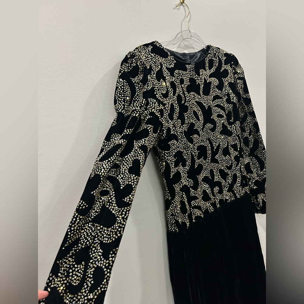 Vintage Ricki Lang Neiman Marcus Black & Gold Velvet Gown, Art deco, glam